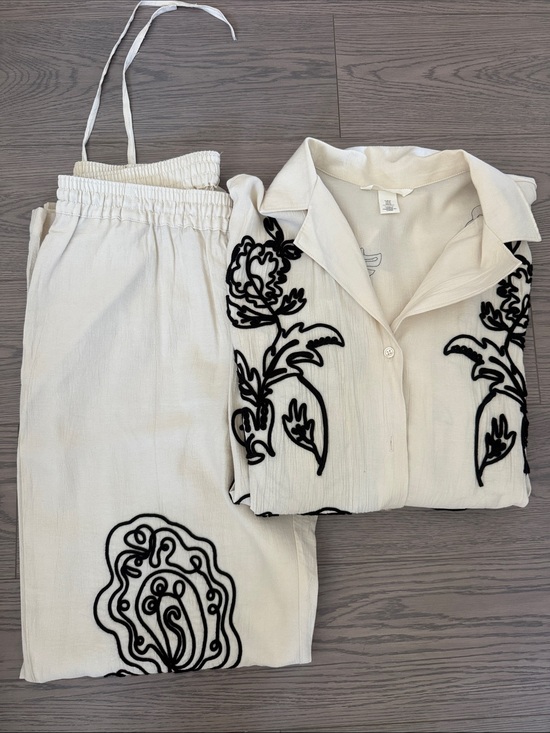 H&M Pants - H&M Cream Two-Piece Embroidered Trousers & Shirt Set